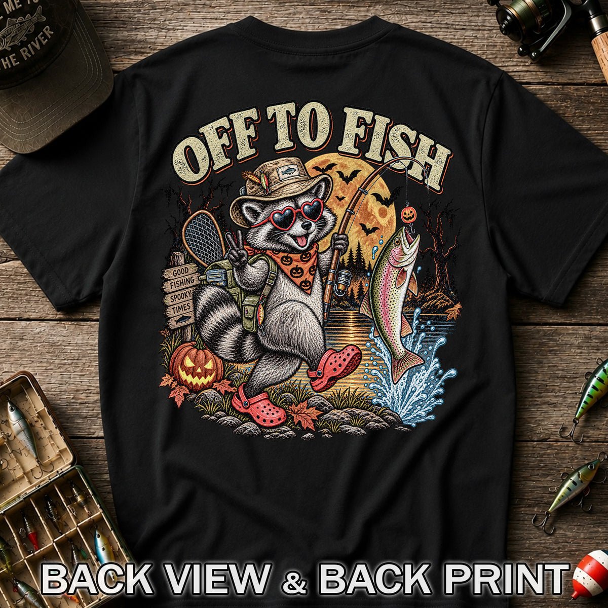 Off to Fish Raccoon and Trout Halloween T-Shirt - Good Fishing Spooky Times | Back Print