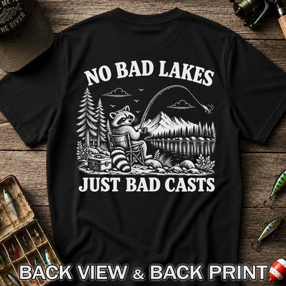 No Bad Lakes Just Bad Casts Raccoon Fishing T-Shirt | Back Print