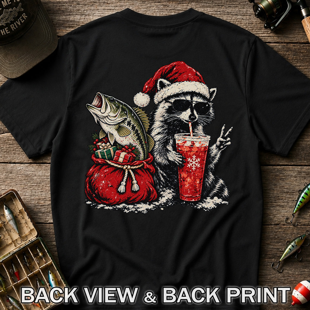 Santa Raccoon Sharing a Bass Christmas Fishing Graphic T-Shirt | Back Print