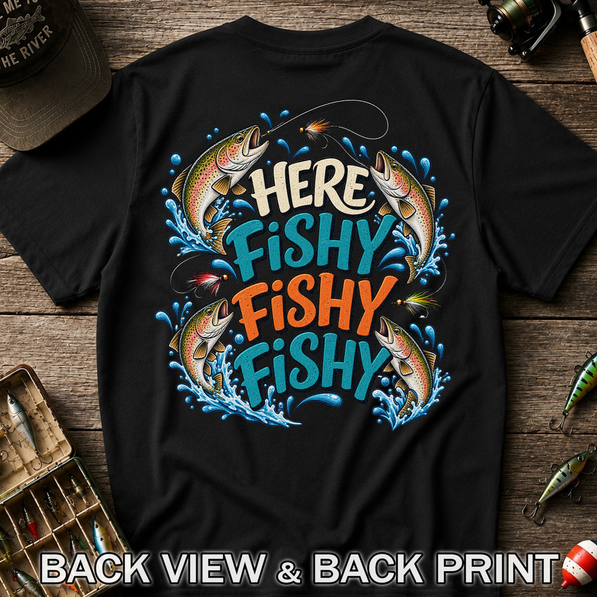 Here Fishy Fishy Fishy Rainbow Trout Funny Fly Fishing T-Shirt | Back Print