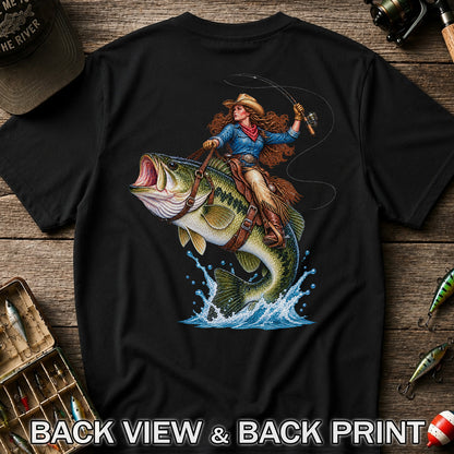 Cowgirl Riding a Largemouth Bass Fishing Graphic T-Shirt | Back Print