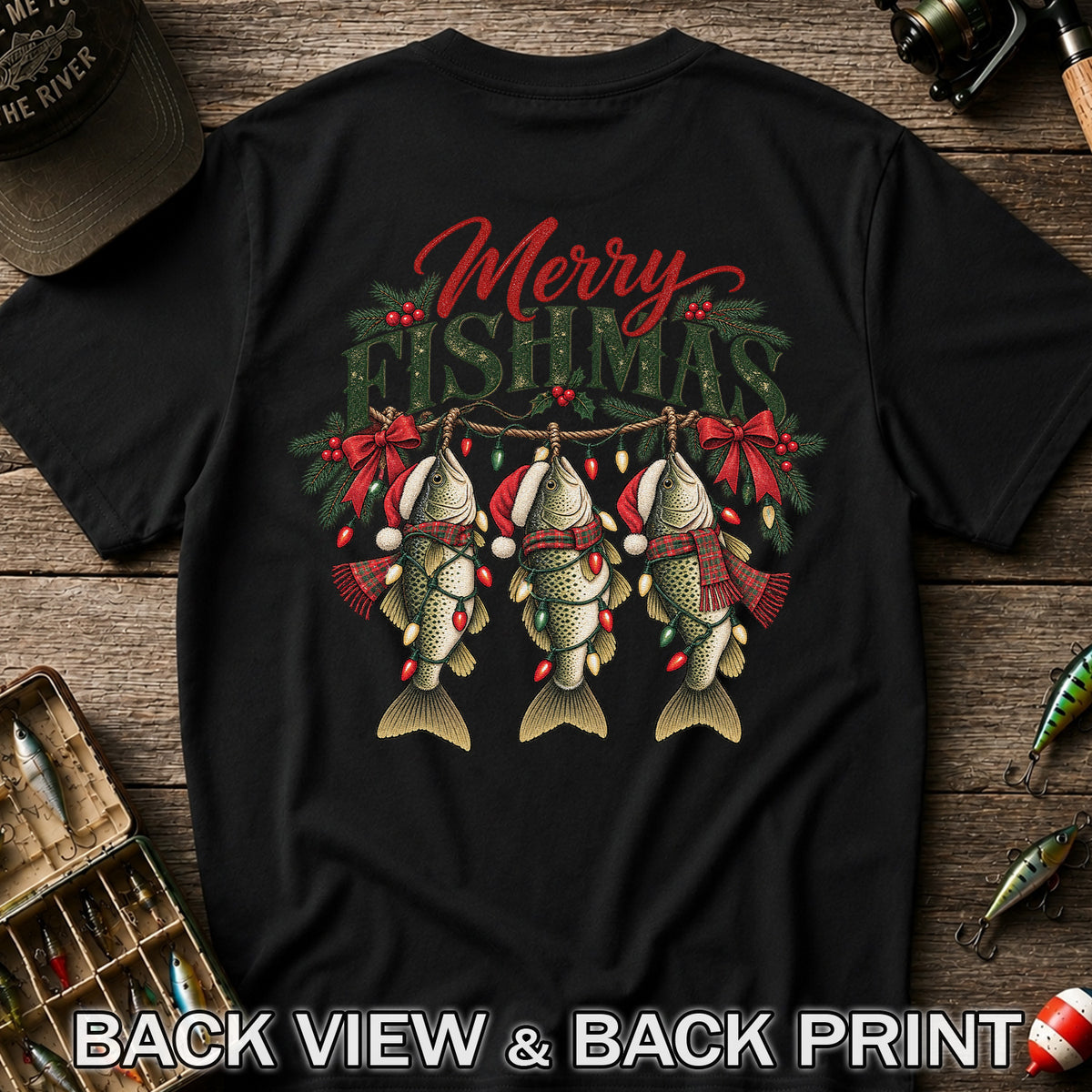 Merry Fishmas Christmas Trout Fishing Graphic T-Shirt | Back Print