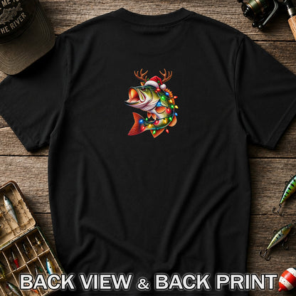 Christmas Bass with Santa Hat, Antlers and Holiday Lights Fishing T-Shirt | Back Print