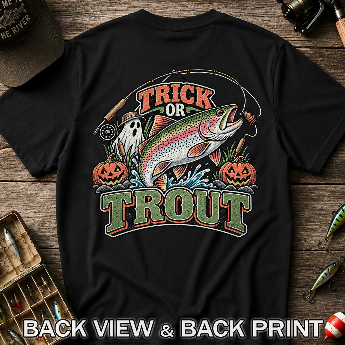 Trick or Trout Rainbow Trout Ghost and Pumpkins Halloween Fishing T-Shirt | Back Print
