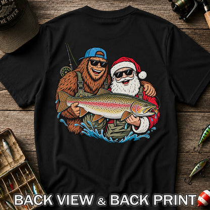 Bigfoot and Santa Holding Rainbow Trout Christmas Fishing Graphic T-Shirt | Back Print