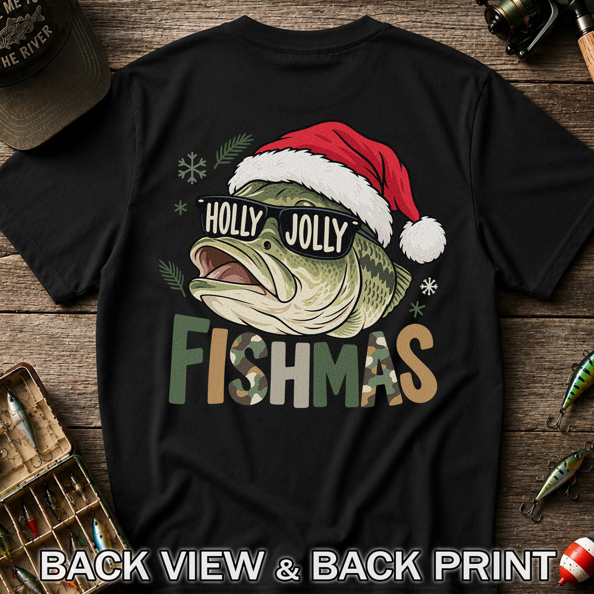 Bass Wearing Santa Hat and Holiday Glasses Fishing Graphic T-Shirt | Back Print