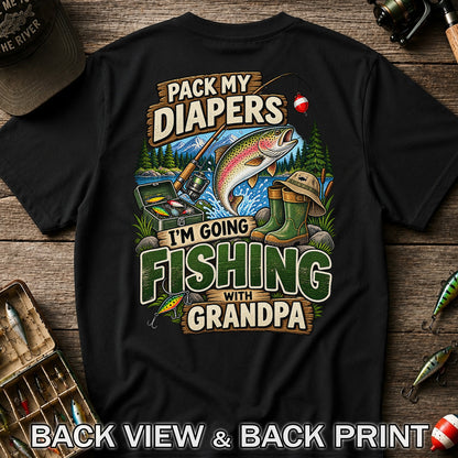 Pack My Diapers I'm Going Fishing With Grandpa Rainbow Trout T-Shirt | Back Print