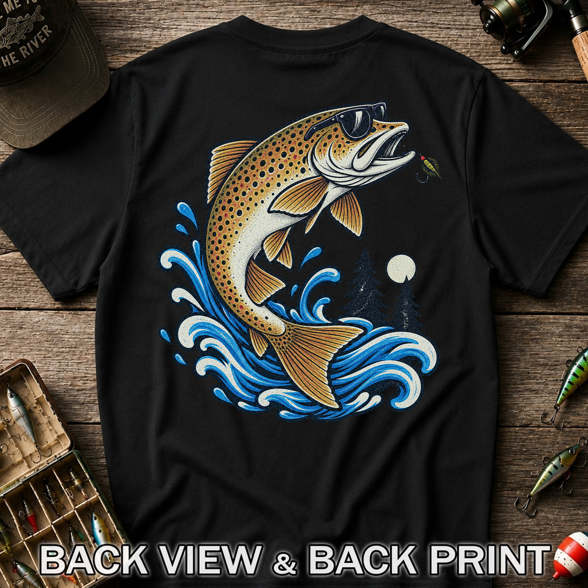 Brown Trout Sunglasses Fishing Graphic T-Shirt with Lure | Back Print