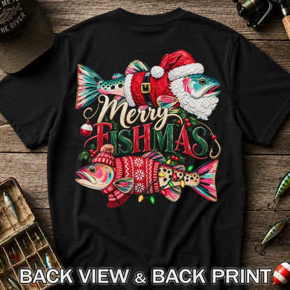 Merry Fishmas Santa Fish Christmas Fishing Graphic T-Shirt | Back Print