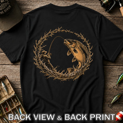 Leaping Carp and Angler Water Splash Fishing Graphic T-Shirt | Back Print
