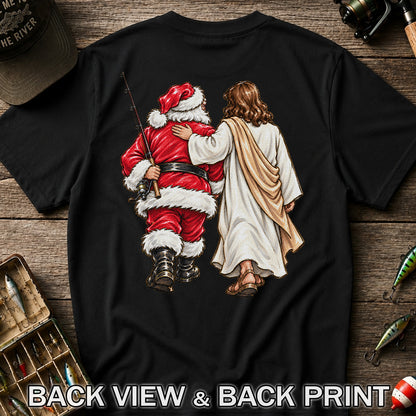 Santa and Robed Companion Fishing Graphic T-Shirt | Back Print