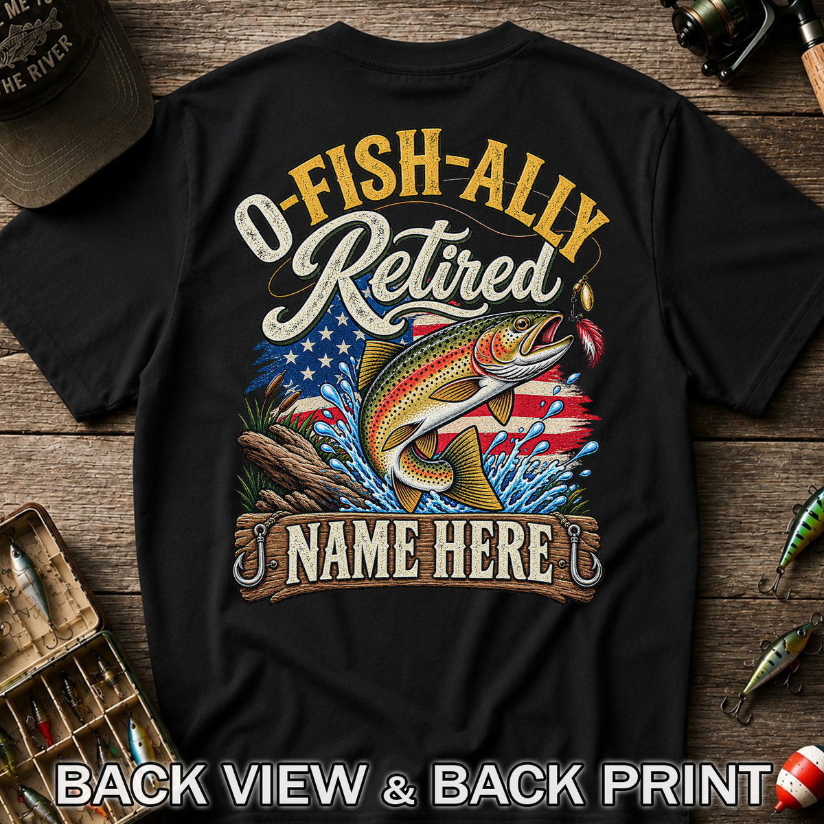 Retired Rainbow Trout American Flag Fishing T-Shirt | Back Print