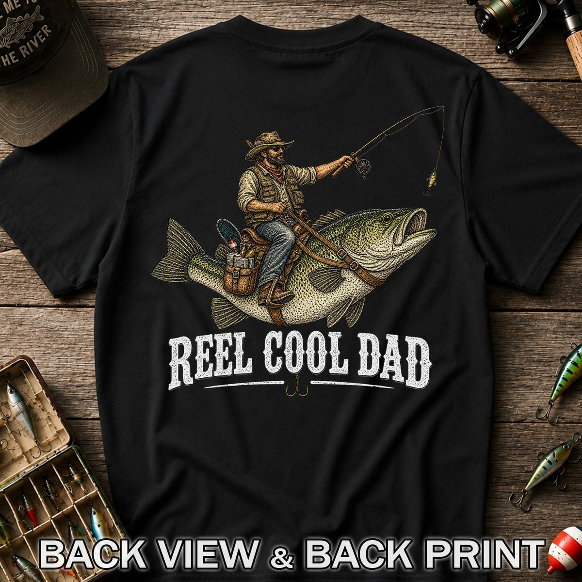 Reel Cool Dad Cowboy Riding a Bass Fishing Graphic T-Shirt | Back Print