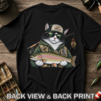Cat Holding Rainbow Trout Fishing Graphic T-Shirt | Back Print