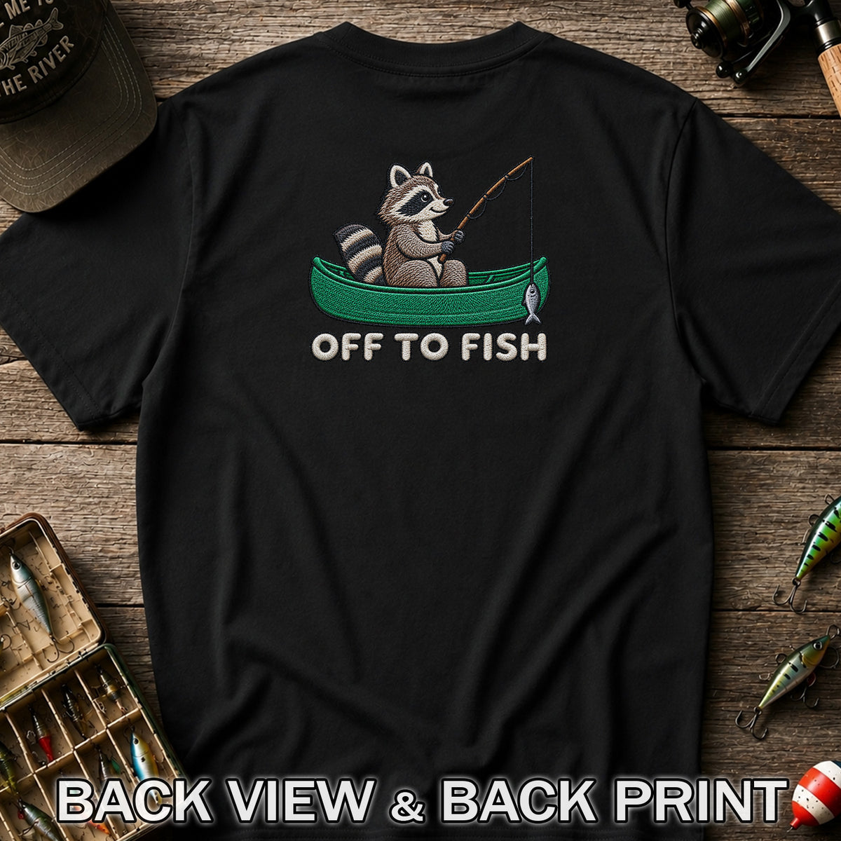 Off to Fish Raccoon in a Canoe Funny Fishing Graphic T-Shirt | Back Print