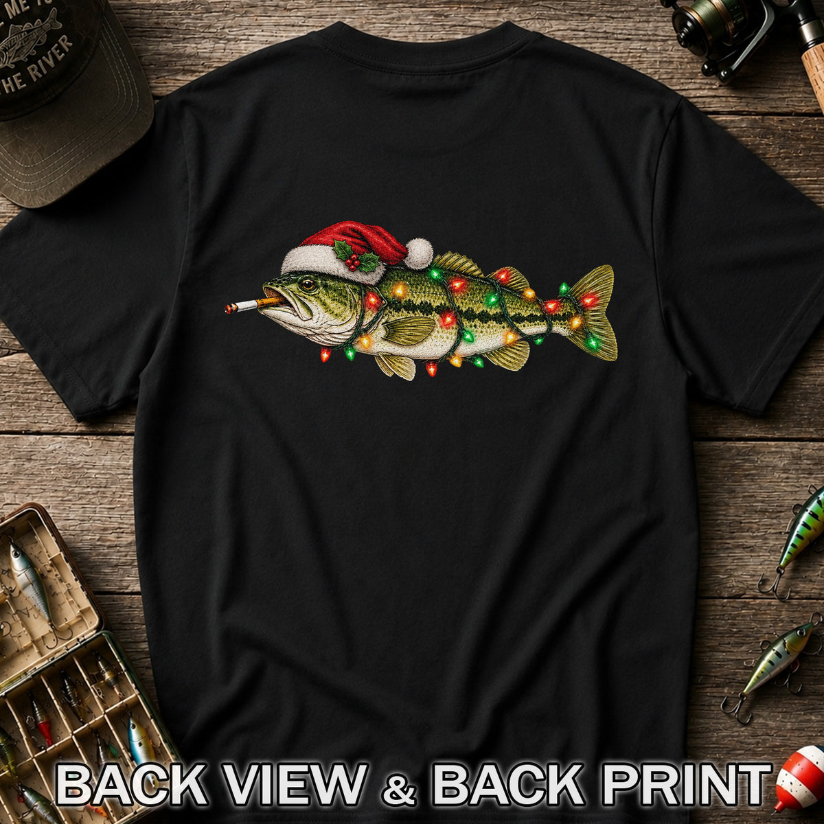Christmas Bass Fishing Lights and Santa Hat Graphic T-Shirt | Back Print