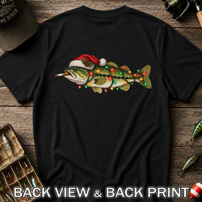 Christmas Bass Fishing Lights and Santa Hat Graphic T-Shirt | Back Print