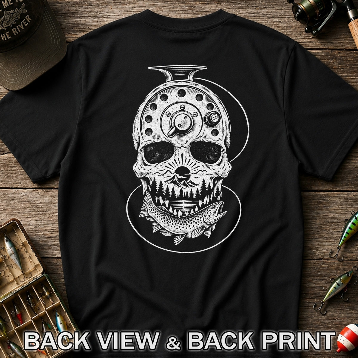 Trout and Fly Fishing Reel Skull Mountain Graphic T-Shirt | Back Print