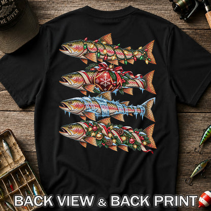 Christmas Rainbow Trout with Holiday Lights Fishing Graphic T-Shirt | Back Print