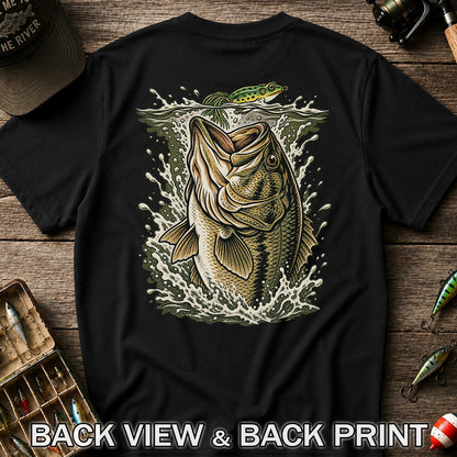 Largemouth Bass Striking a Frog Lure Fishing Graphic T-Shirt | Back Print