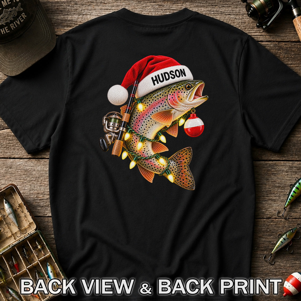 Hudson Santa Hat Rainbow Trout Christmas Fishing T-Shirt | Back Print