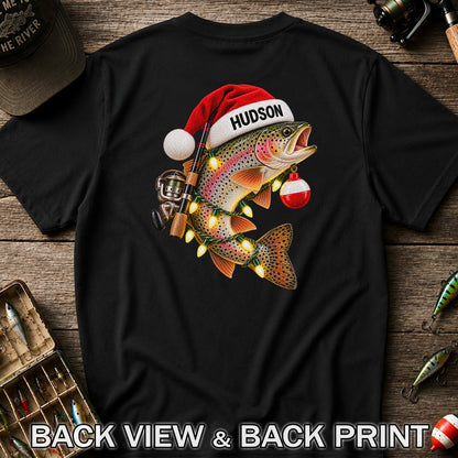 Hudson Santa Hat Rainbow Trout Christmas Fishing T-Shirt | Back Print