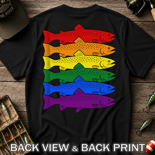 Rainbow Colored Trout Stack Fishing Graphic T-Shirt | Back Print