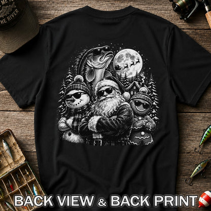 Santa Snowman Gingerbread and Bass Christmas Fishing T-Shirt | Back Print