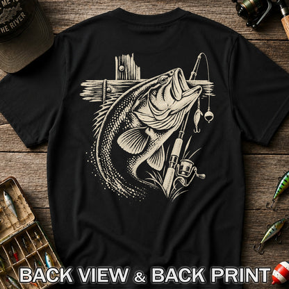 Largemouth Bass Fishing Rod Vintage Graphic T-Shirt | Back Print