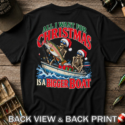 All I Want for Christmas Is a Bigger Boat Skeleton Rainbow Trout Fishing T-Shirt | Back Print