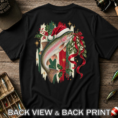 Christmas Santa Hat Rainbow Trout Fishing Graphic T-Shirt | Back Print
