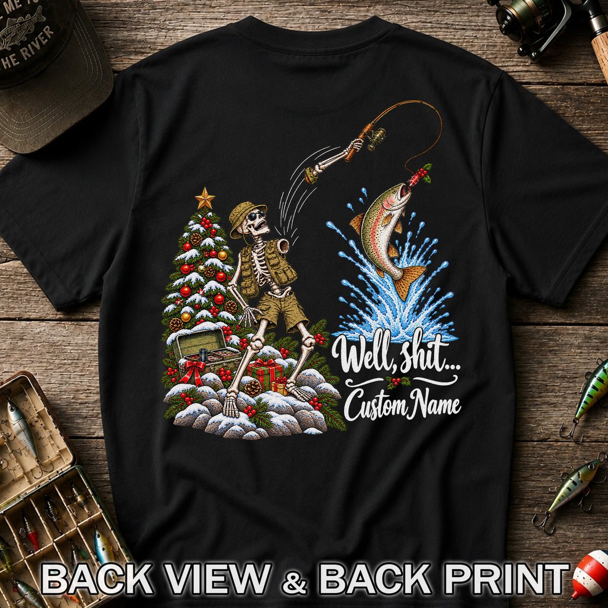 Skeleton Angler Christmas Fishing Personalized Graphic T-Shirt | Back Print