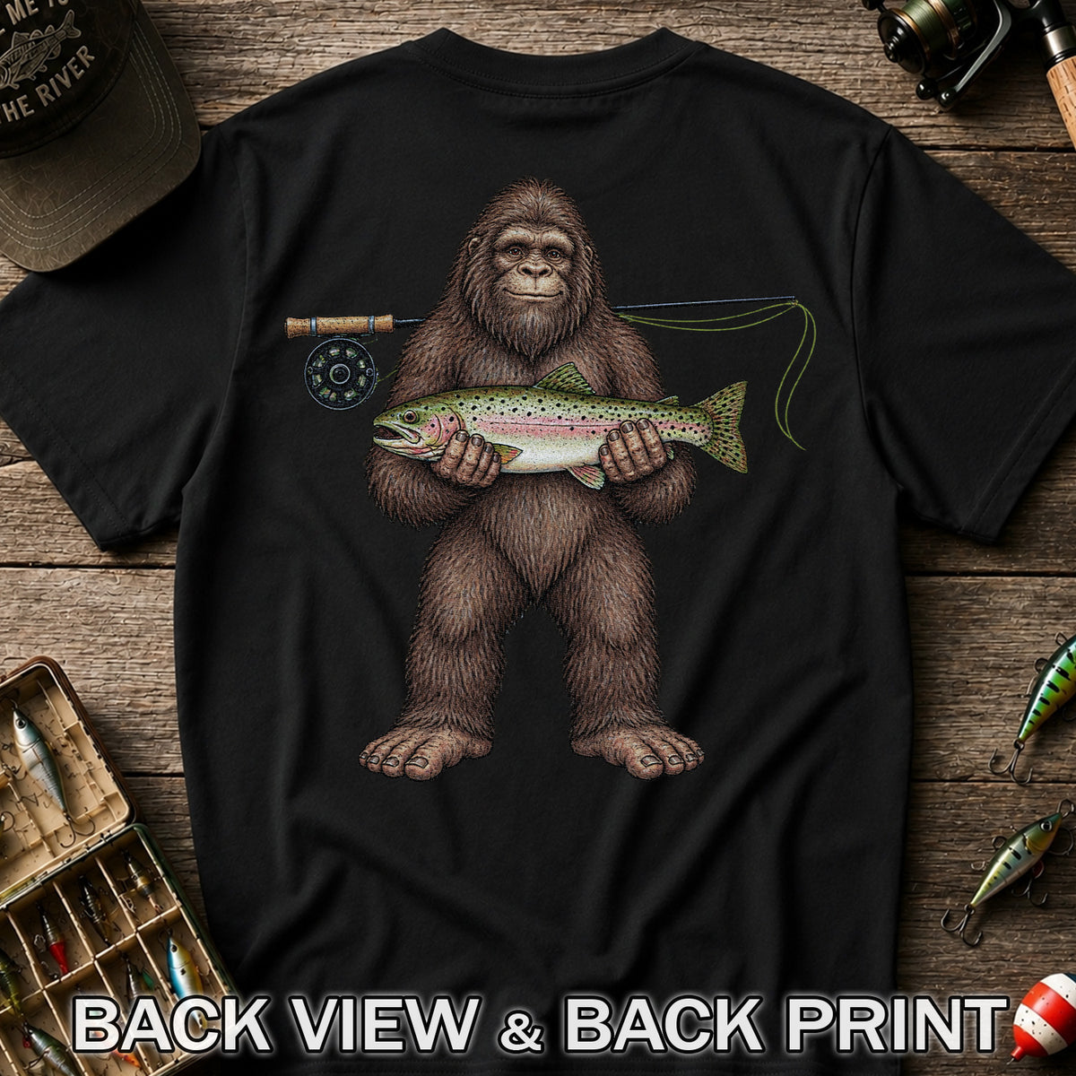 Bigfoot Holding Rainbow Trout Fly Fishing Graphic T-Shirt | Back Print