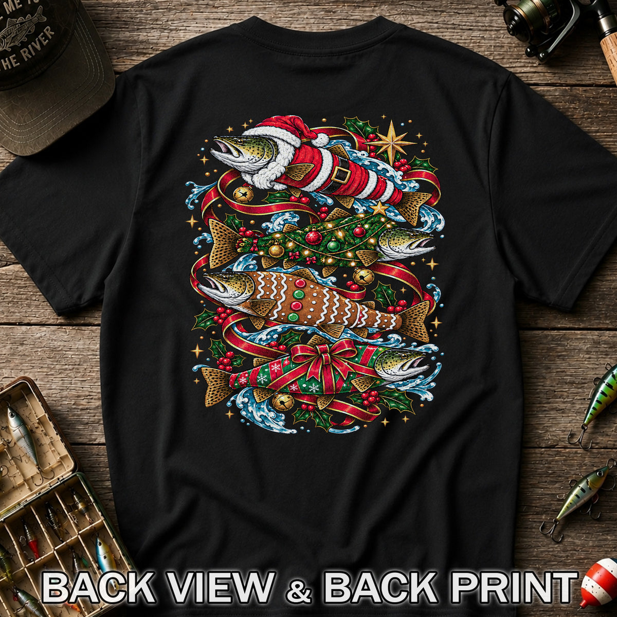 Santa and Gingerbread Trout Christmas Fishing Graphic T-Shirt | Back Print