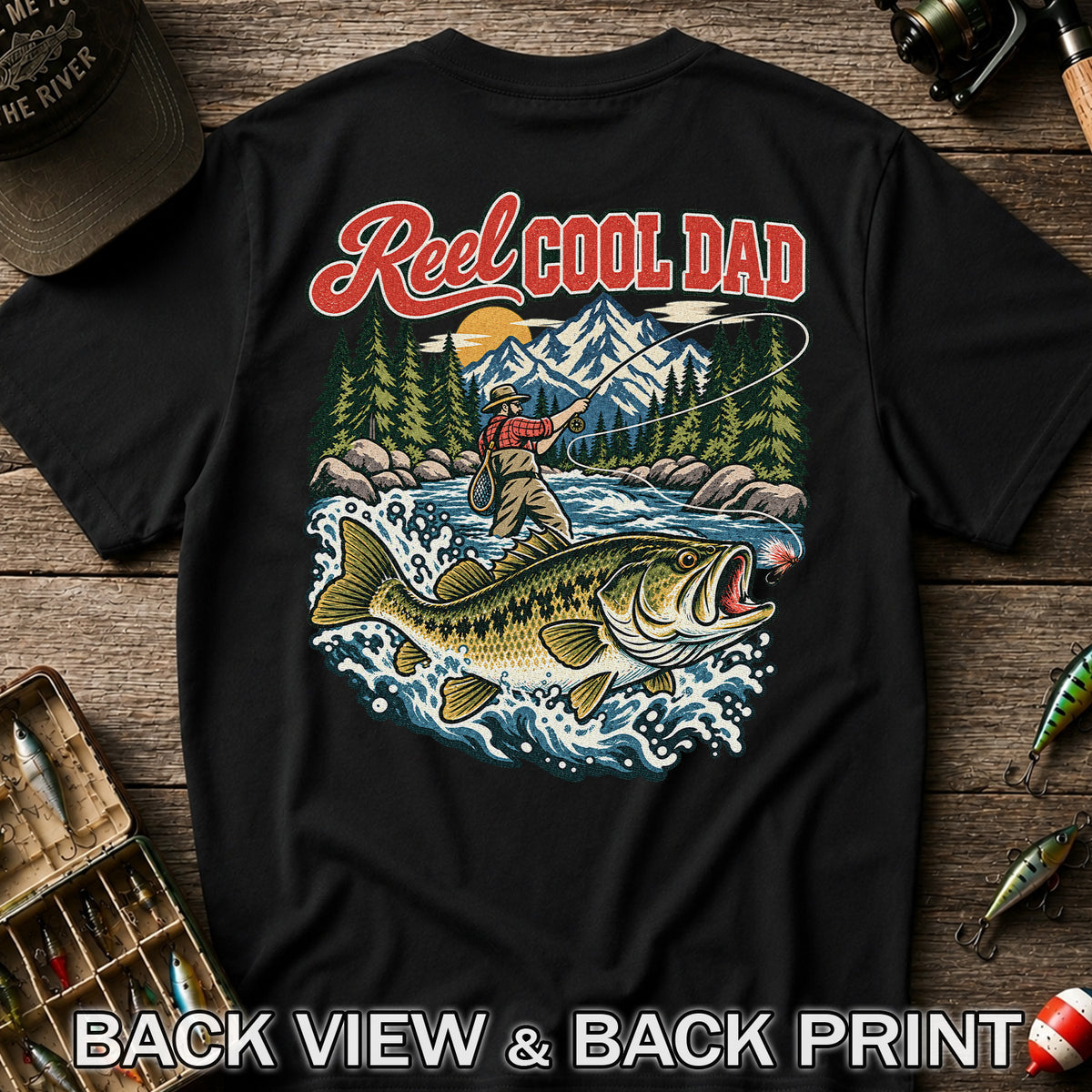 Reel Cool Dad Largemouth Bass Fishing Graphic T-Shirt | Back Print
