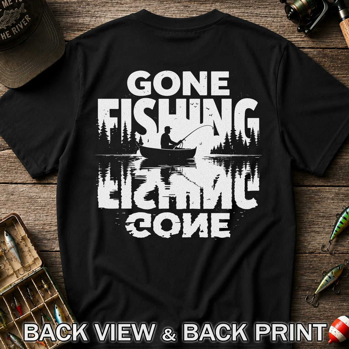 Gone Fishing Lake Adventure Angler Graphic T-Shirt | Back Print