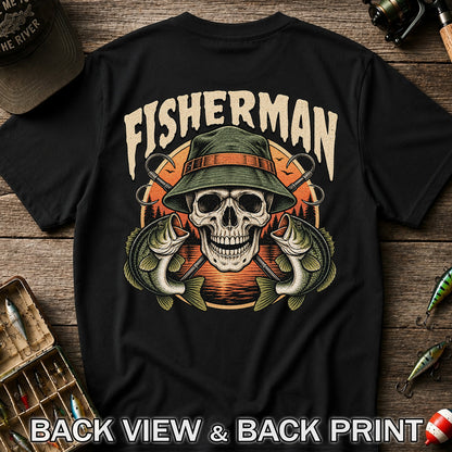 Fisherman Skull with Bucket Hat and Bass Fishing Graphic T-Shirt | Back Print