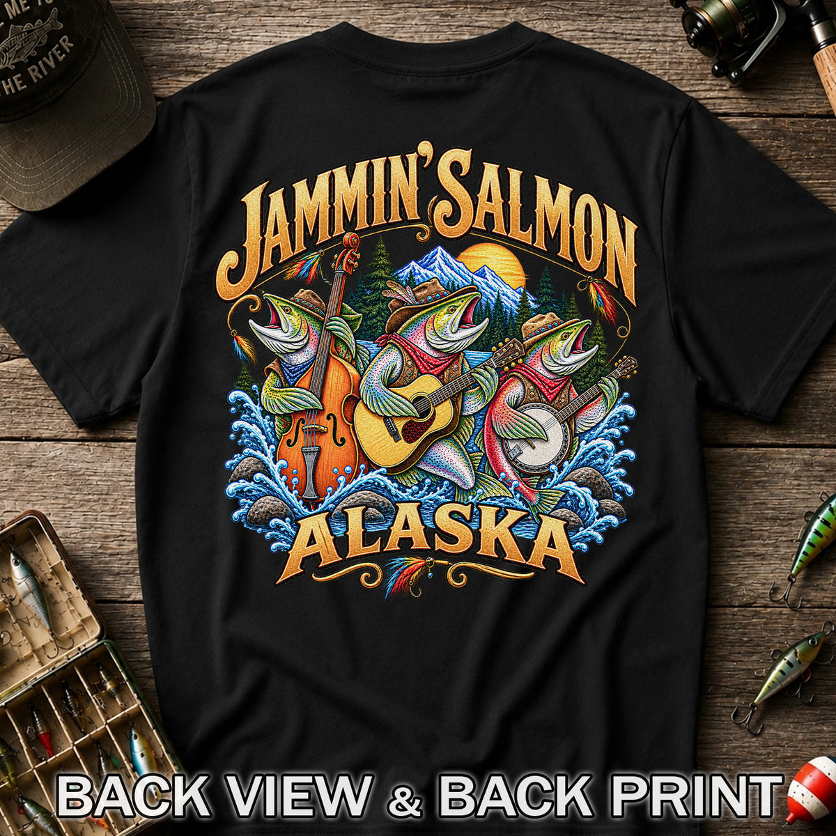 Salmon Music Band Alaska Fishing Graphic T-Shirt | Back Print