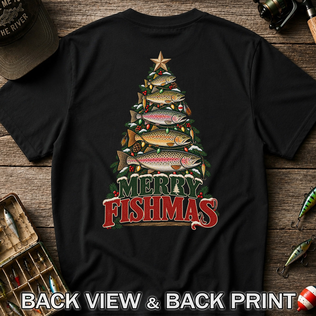 Merry Fishmas Trout Christmas Tree Fishing T-Shirt | Back Print
