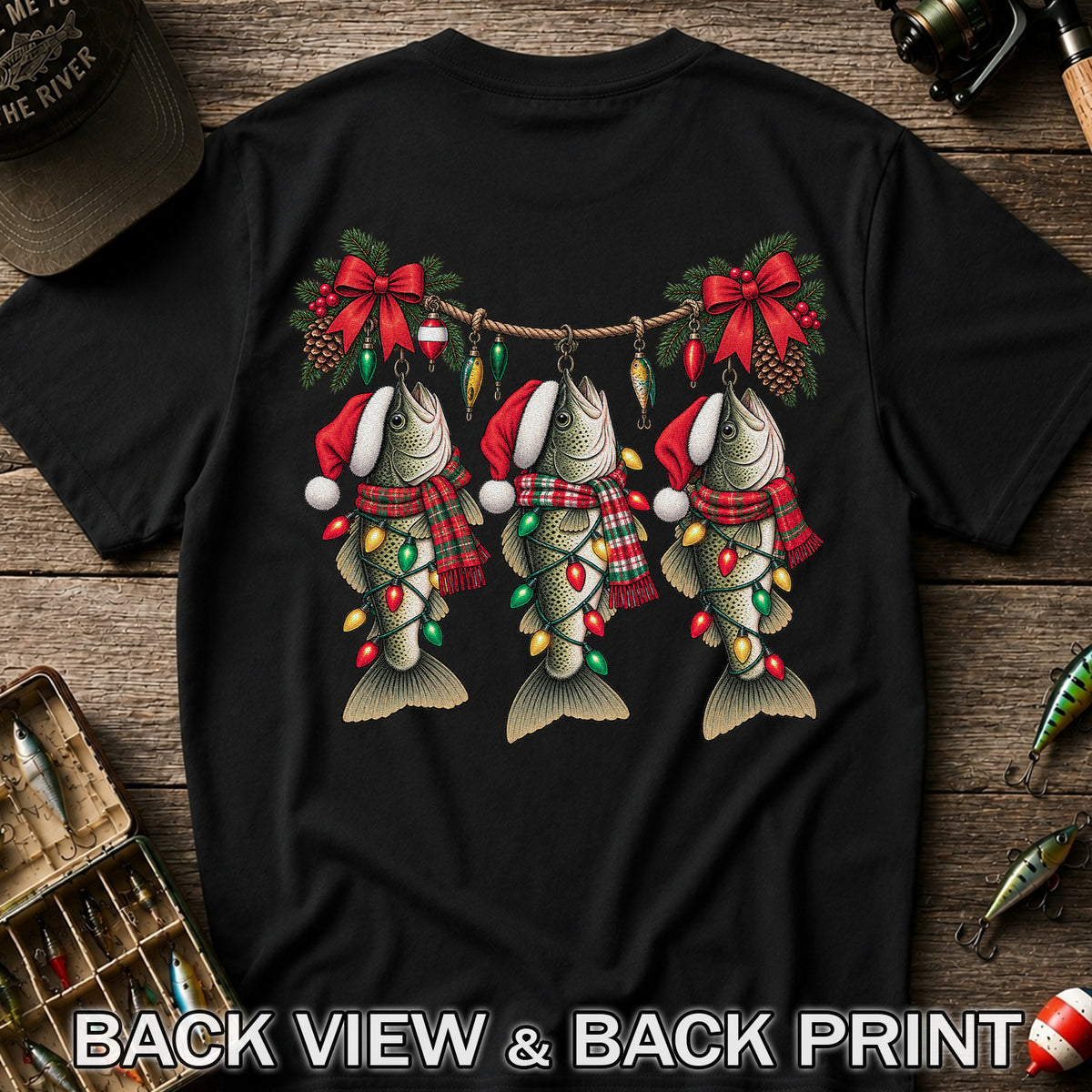 Christmas Fish Ornament Fishing Graphic T-Shirt | Back Print