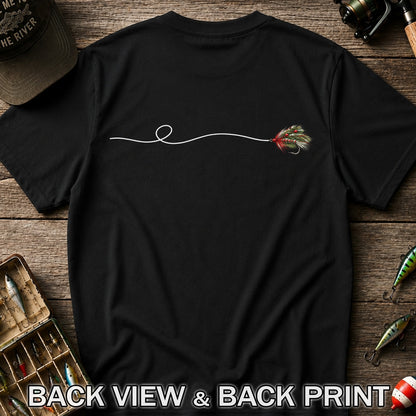 Festive Fly Fishing Lure and Line Graphic T-Shirt | Back Print