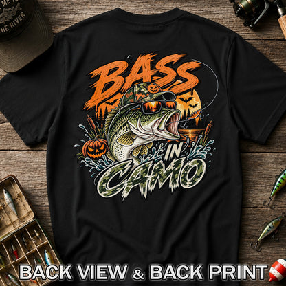 Bass in Camo Halloween Pumpkin Bass Fishing Graphic T-Shirt | Back Print