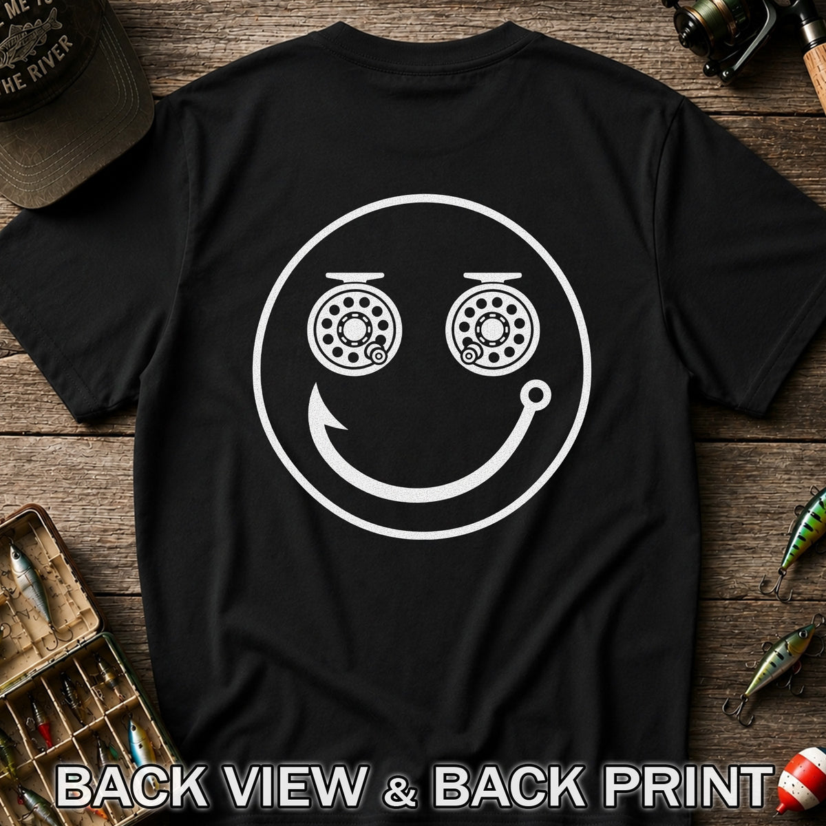 Fishing Reel Eyes Smiley Face Minimalist Graphic T-Shirt | Back Print