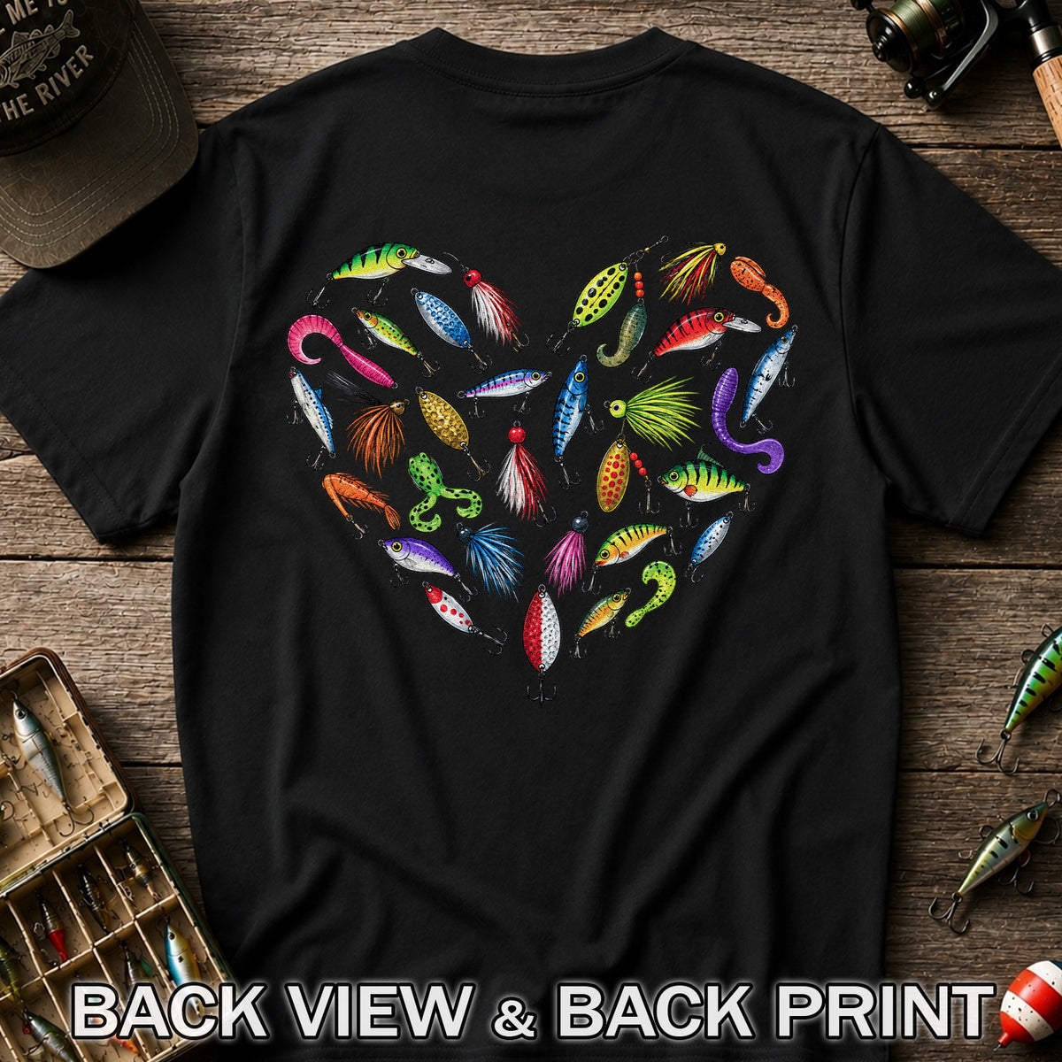 Colorful Fishing Lures in a Heart Shape Graphic T-Shirt | Back Print