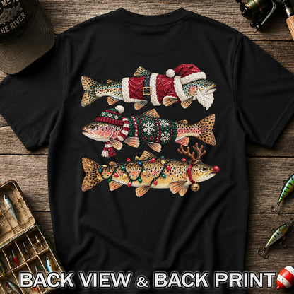Christmas Trout Fishing Graphic T-Shirt with Festive Fish Artwork | Back Print