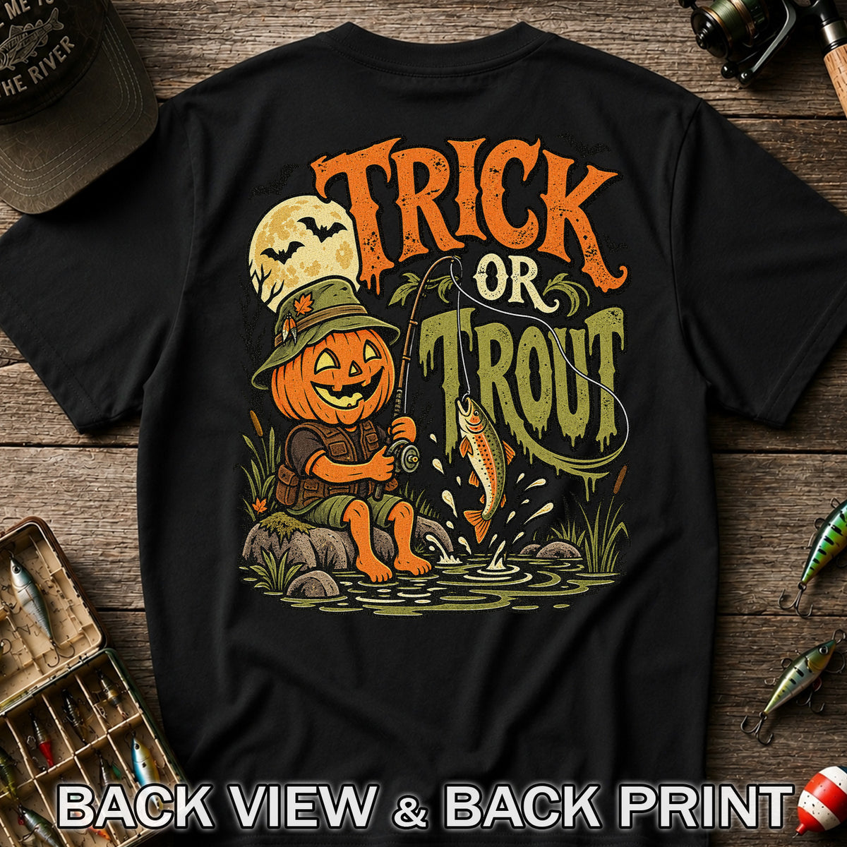 Trick or Trout Pumpkin Angler Halloween Fishing T-Shirt | Back Print