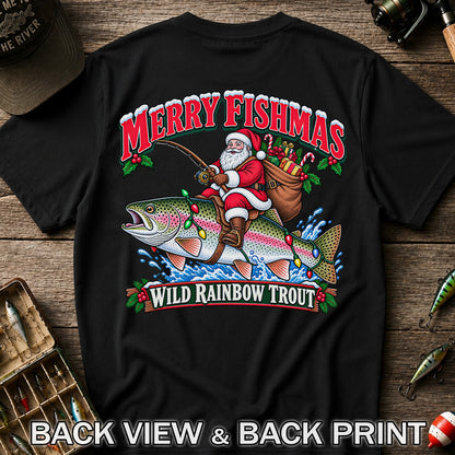 Merry Fishmas Santa Riding a Wild Rainbow Trout Christmas Fishing T-Shirt | Back Print