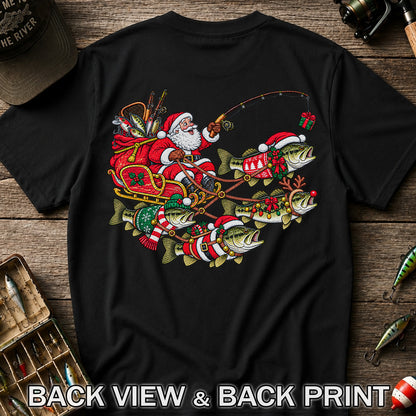 Santa Pulling Festive Bass Fishing Graphic T-Shirt | Back Print