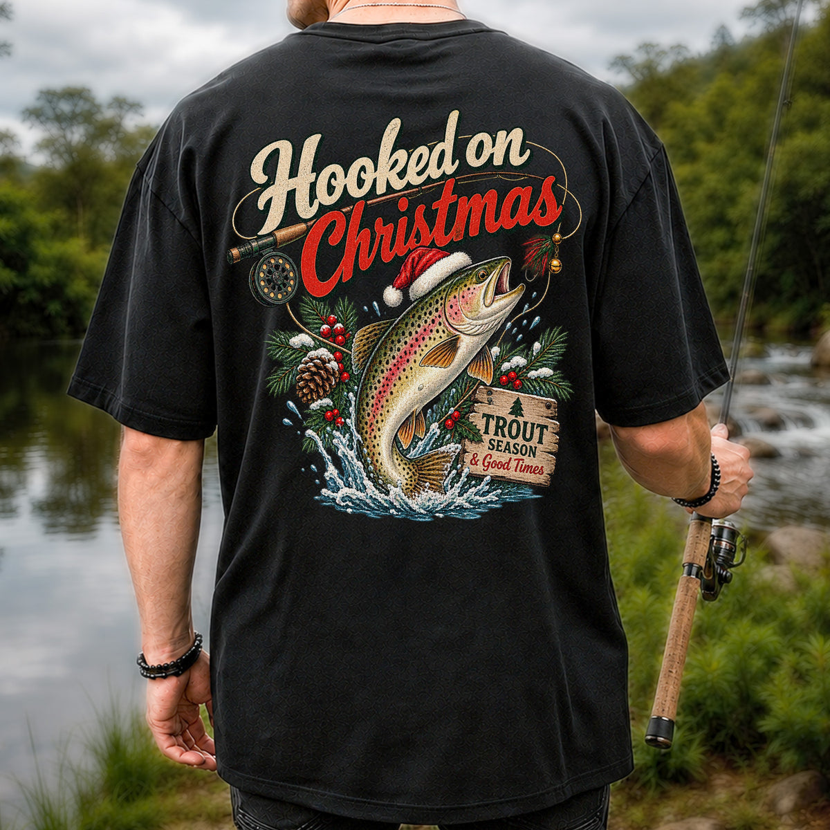 Hooked on Christmas Rainbow Trout in Santa Hat Fishing T-Shirt | Back Print