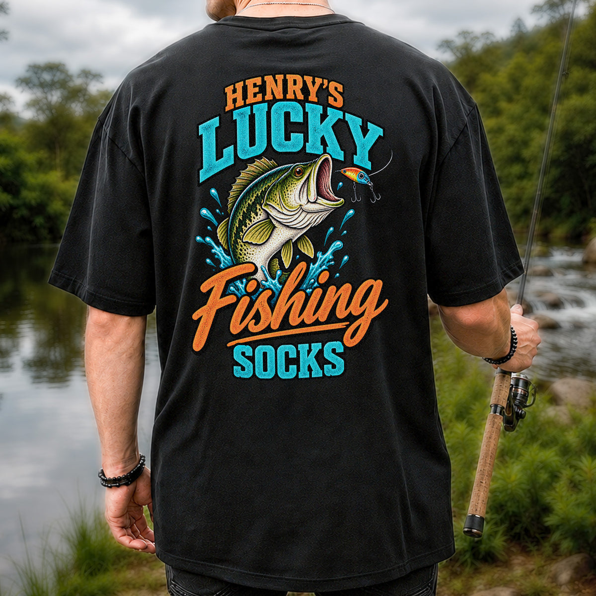 Henry's Lucky Fishing Socks Jumping Bass Graphic T-Shirt | Back Print